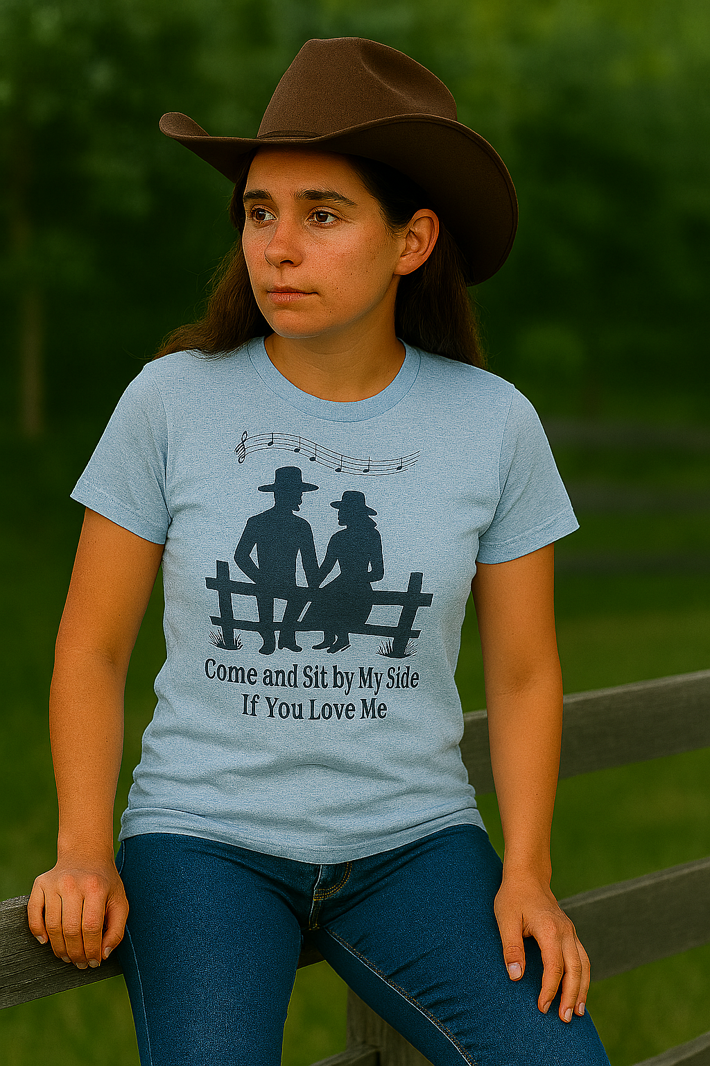 Cowgirl in ice blue tee sitting on a wooden fence, framed by dense green foliage and soft natural light.