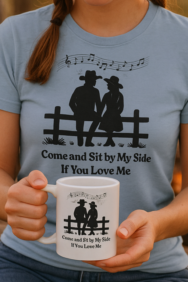 Woman wearing a t-shirt with a graphic and text, holding a mug with a similar design, sitting outdoors.