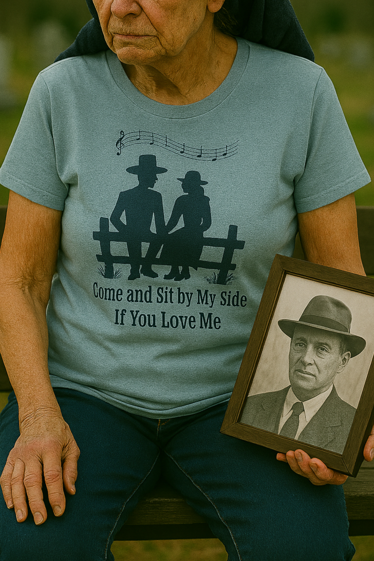 Aging woman in dusty blue tee sitting on a bench in a cemetery, holding a framed photo and gazing into the distance with a sorrowful expression.