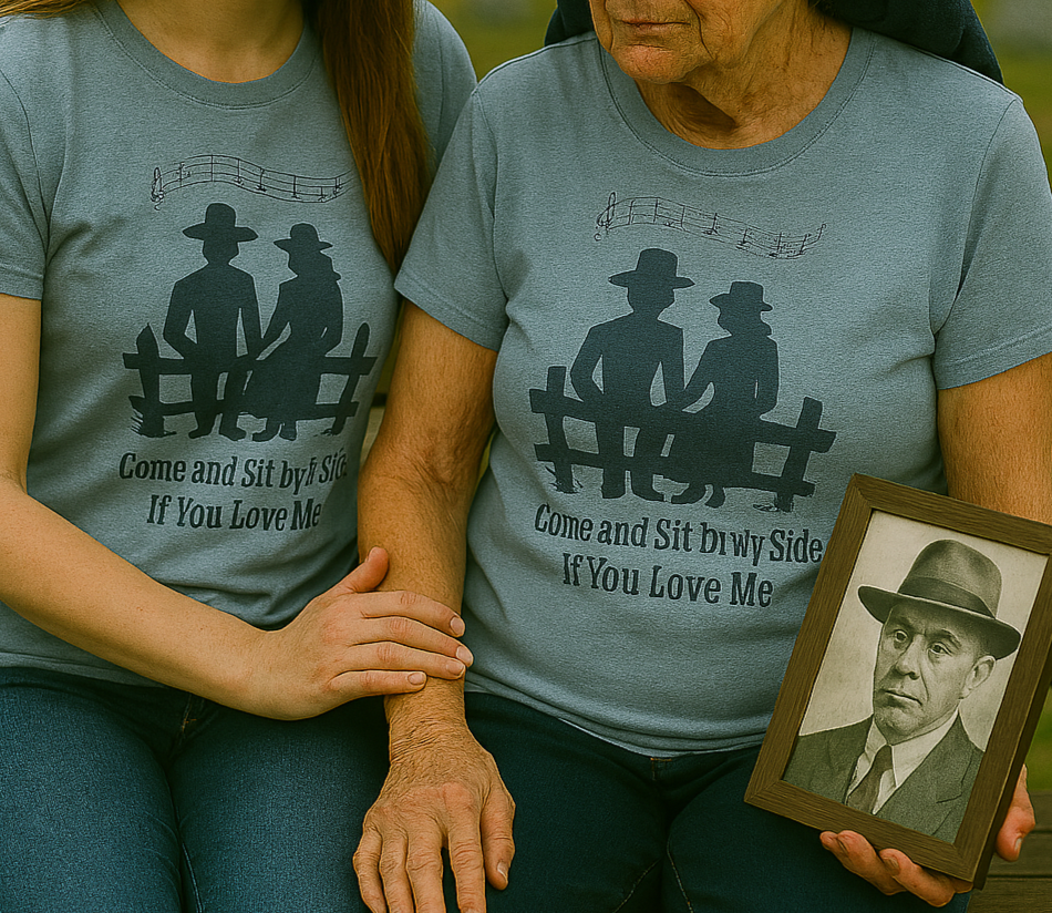 Elderly woman and younger relative seated on a bench in a cemetery, sharing a quiet moment while holding a framed photo of a departed loved one.