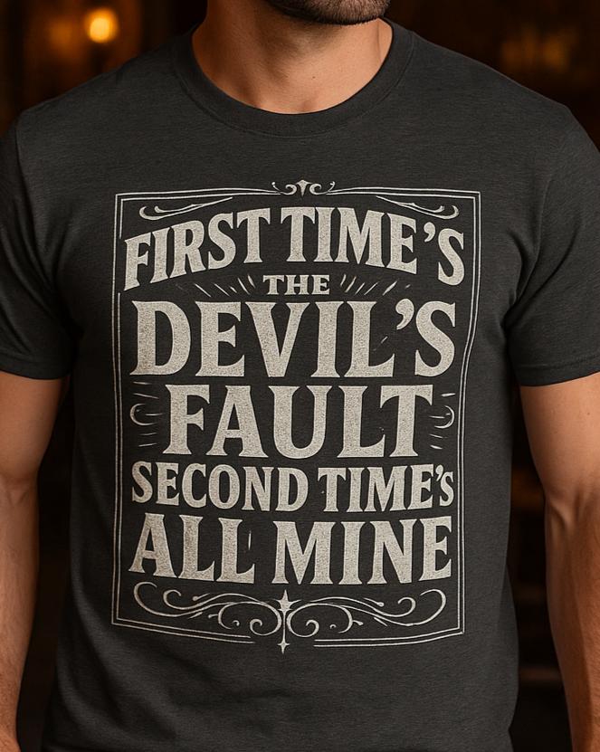 Vintage Americana unisex shirt with humorous devil quote design, printed on Bella+Canvas.”