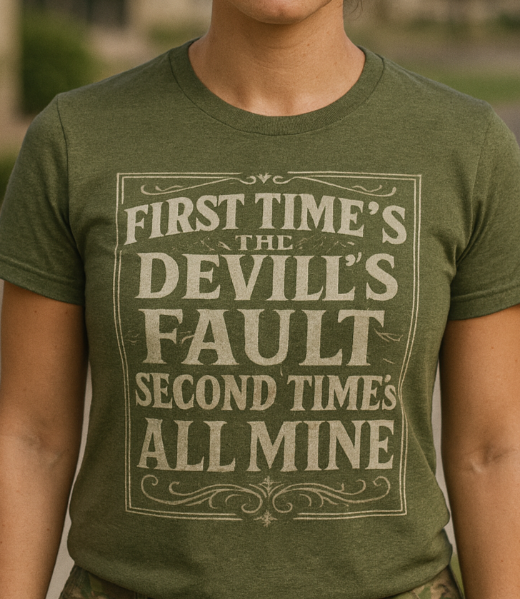 Vintage Americana unisex shirt with humorous devil quote design, printed on Bella+Canvas.”