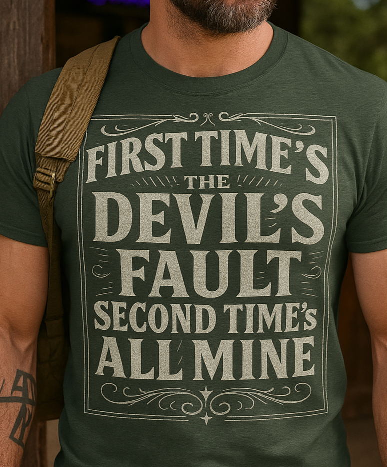 Vintage Americana unisex shirt with humorous devil quote design, printed on Bella+Canvas.”