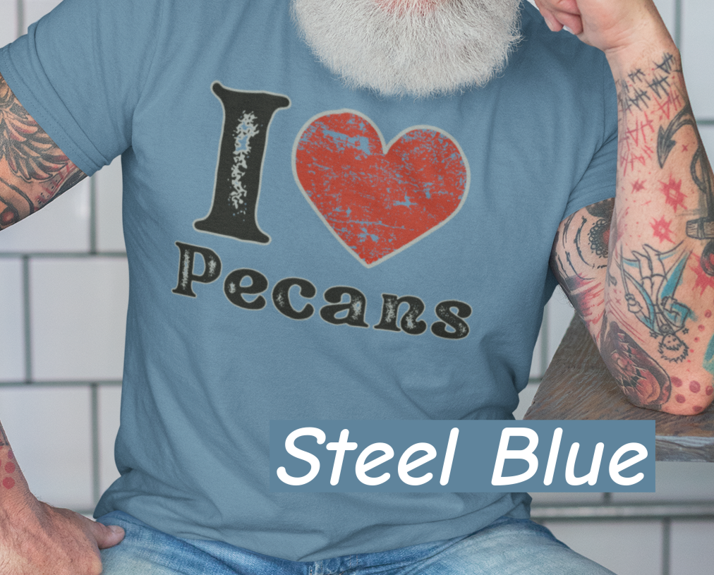 Lifestyle mockup of a Bella+Canvas 3001 unisex t-shirt featuring a distressed vintage I ❤ Pecans graphic, Southern Americana style, perfect for pecan lovers and nostalgic foodies.