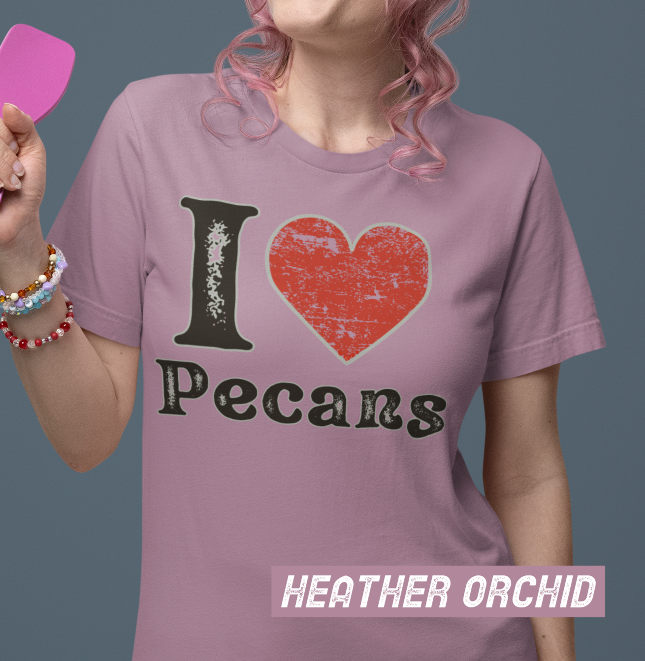 Lifestyle mockup of a Bella+Canvas 3001 unisex t-shirt featuring a distressed vintage I ❤ Pecans graphic, Southern Americana style, perfect for pecan lovers and nostalgic foodies.