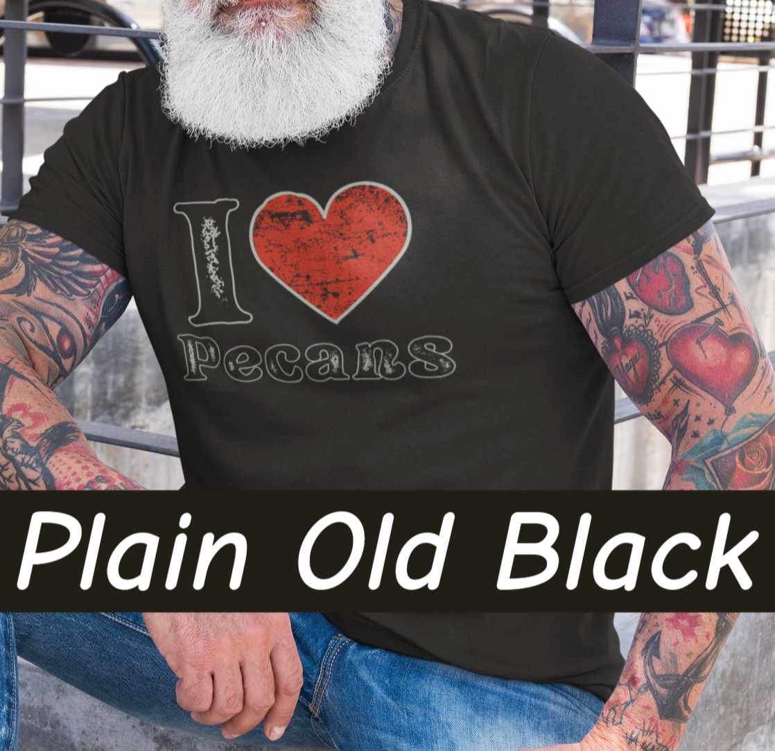 Lifestyle mockup of a Bella+Canvas 3001 unisex t-shirt featuring a distressed vintage I ❤ Pecans graphic, Southern Americana style, perfect for pecan lovers and nostalgic foodies.