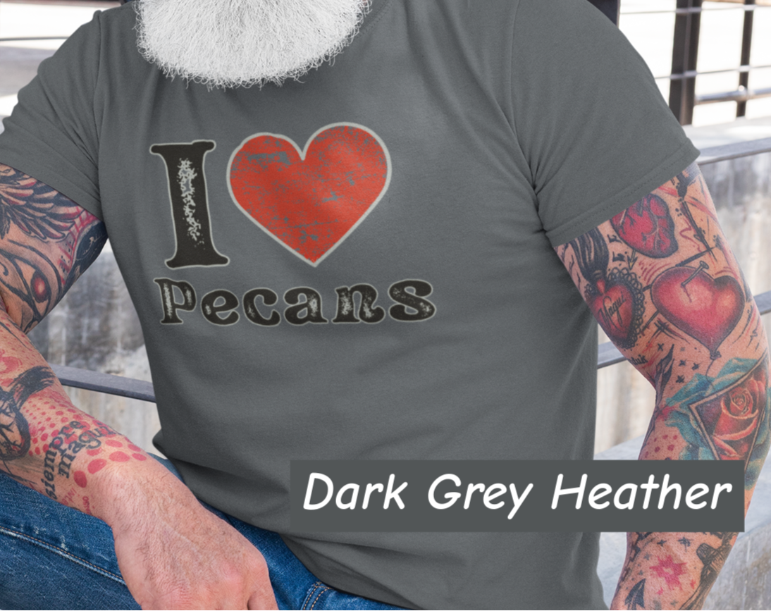 Lifestyle mockup of a Bella+Canvas 3001 unisex t-shirt featuring a distressed vintage I ❤ Pecans graphic, Southern Americana style, perfect for pecan lovers and nostalgic foodies.