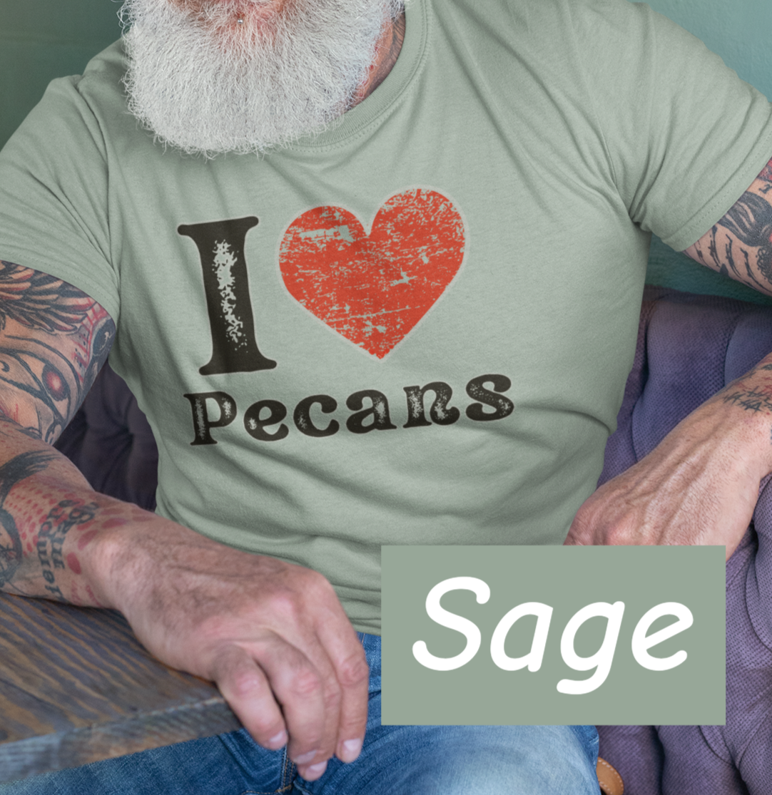 Lifestyle mockup of a Bella+Canvas 3001 unisex t-shirt featuring a distressed vintage I ❤ Pecans graphic, Southern Americana style, perfect for pecan lovers and nostalgic foodies.