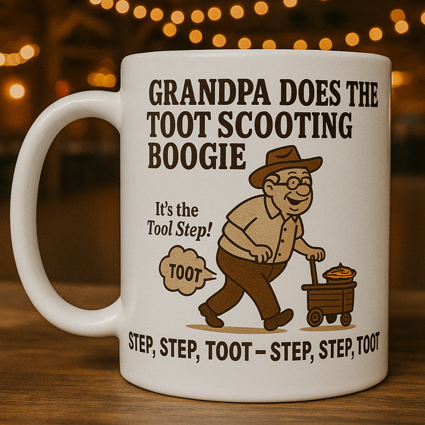Funny Grandpa Mug – “Toot Scooting Boogie” Step Step Toot Dance – Retro Cartoon Fart Joke Coffee Cup – 11oz White Ceramic Gift