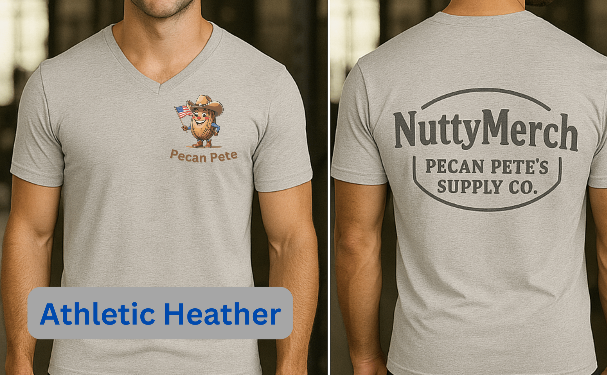 “Unisex Bella+Canvas 3005 V-neck with the NuttyMerch logo across the back. Built for flexing at the gym, flipping burgers at the BBQ, or just proving you’re the best-dressed nut in the crowd.”