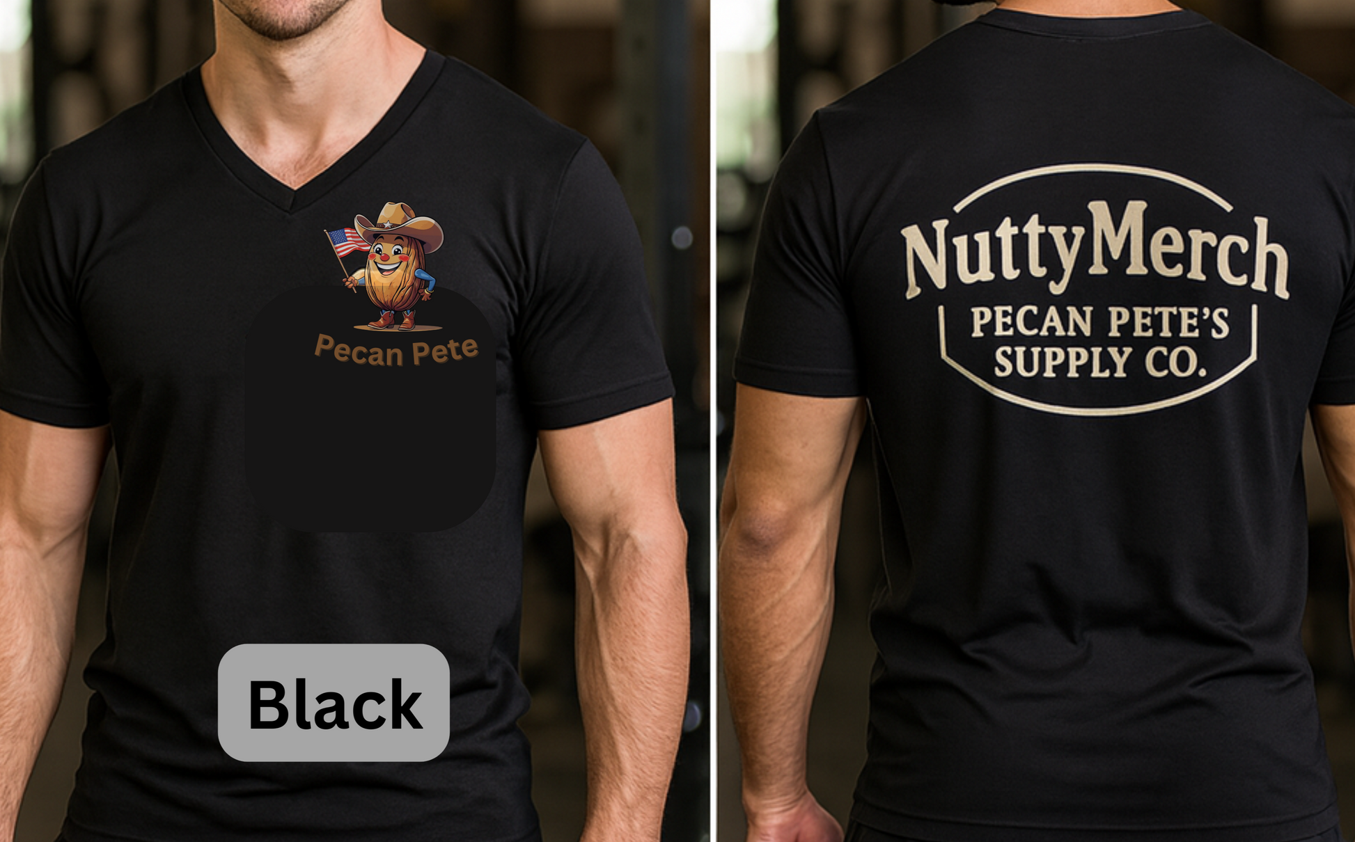 “Unisex Bella+Canvas 3005 V-neck with the NuttyMerch logo across the back. Built for flexing at the gym, flipping burgers at the BBQ, or just proving you’re the best-dressed nut in the crowd.”