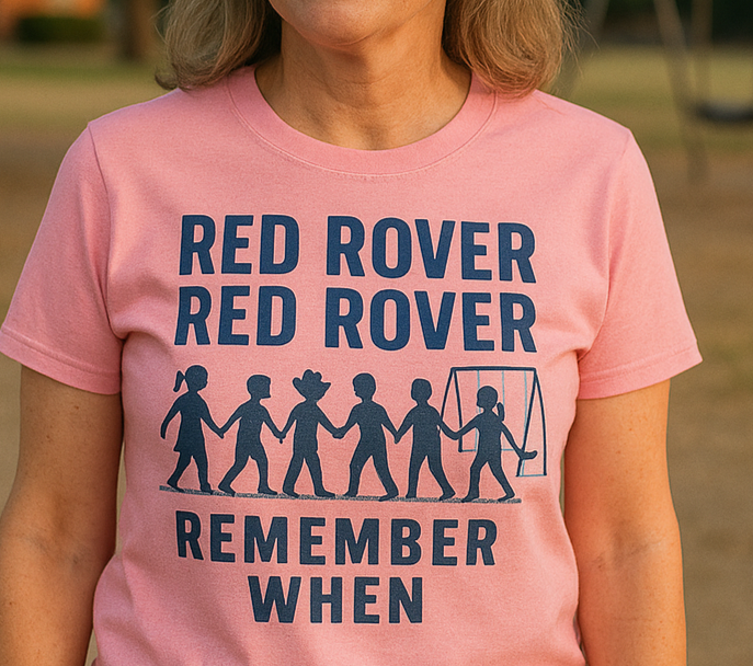 Woman wearing a Bella+Canvas 3001 Soft Pink t-shirt with vintage Red Rover playground design, NuttyMerch nostalgia collection.”