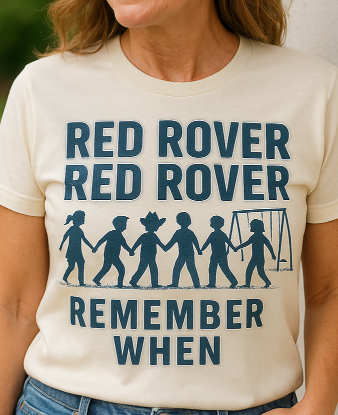 Woman wearing a Bella+Canvas 3001 Athletic Heather t-shirt with vintage Red Rover playground design, NuttyMerch nostalgia collection.”