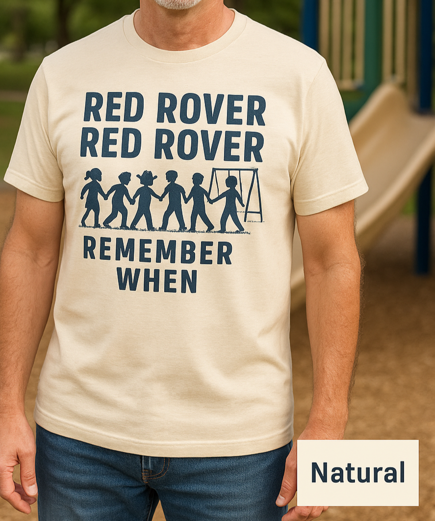 Handsome Man wearing a Bella+Canvas 3001 Athletic Natural t-shirt with vintage Red Rover playground design, NuttyMerch nostalgia collection.”
