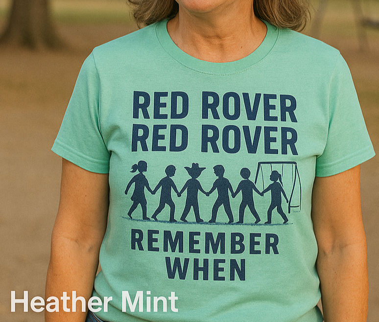 Woman wearing a Bella+Canvas 3001 Heathere Mint t-shirt with vintage Red Rover playground design, NuttyMerch nostalgia collection.”