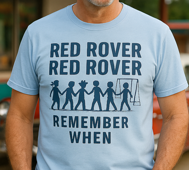 Handsome Man wearing a Bella+Canvas 3001 LIght Blue t-shirt with vintage Red Rover playground design, NuttyMerch nostalgia collection.”