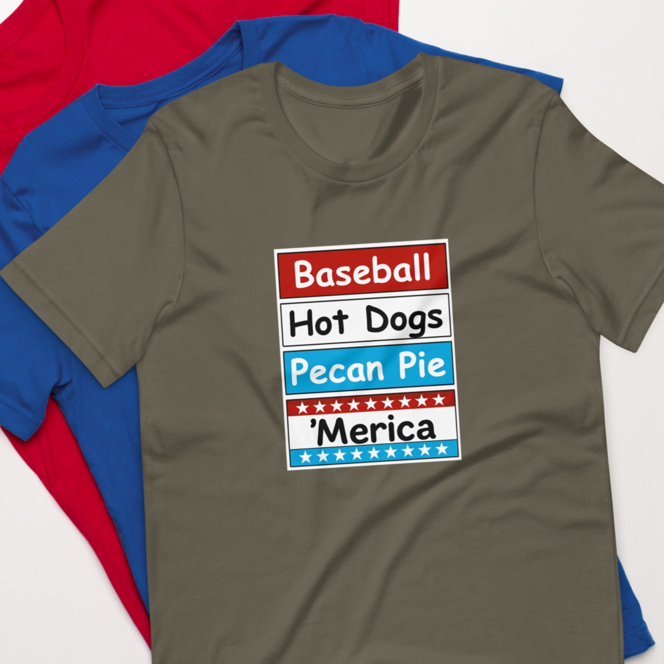 Patriotic t-shirt with bold red, white, and blue stacked Merica design on the front.