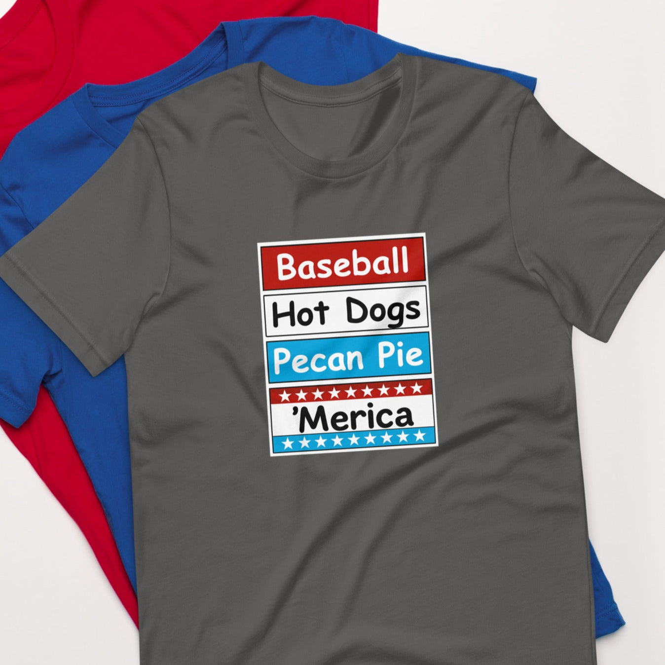 Patriotic t-shirt with bold red, white, and blue stacked Merica design on the front.