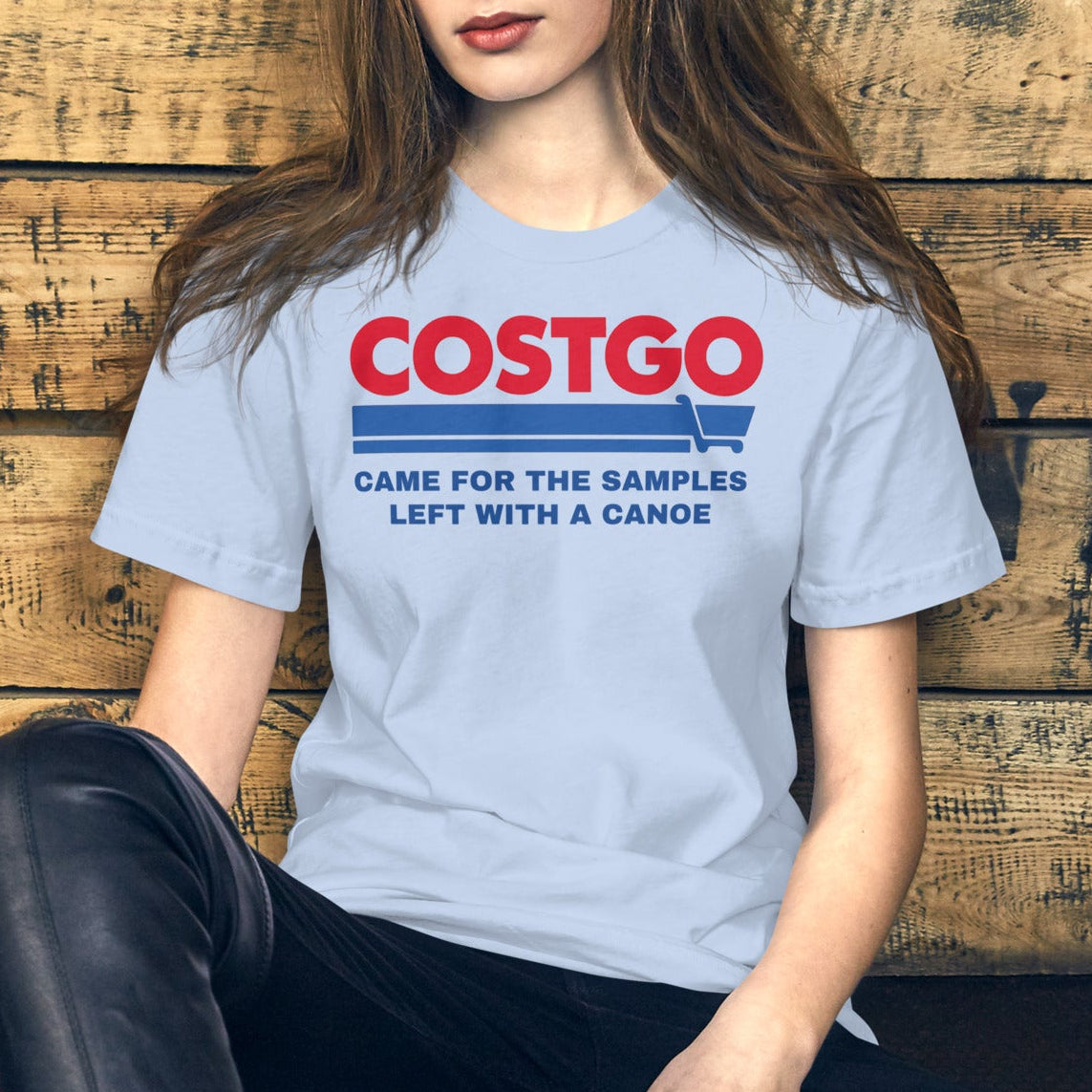 Costgo Samples Funny T-Shirt parodying Costco, printed on a soft unisex Bella + Canvas 3001 tee by NuttyMerch, featuring the phrase “Came for the Samples, Left with a Canoe.” Premium cotton blend, casual fit, and available in assorted colors.