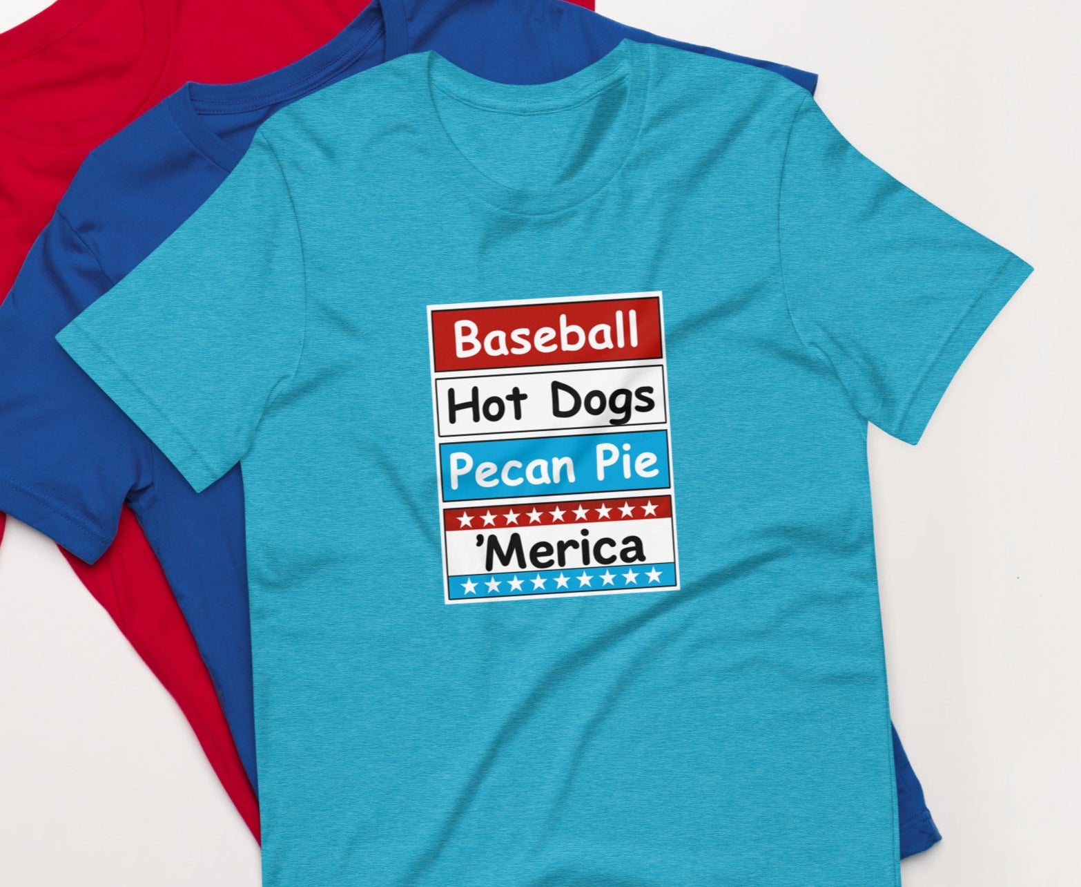 Patriotic t-shirt with bold red, white, and blue stacked Merica design on the front.