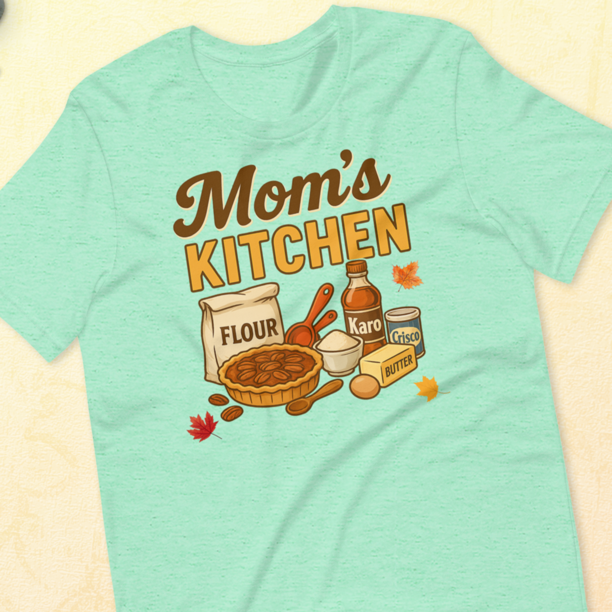 - Thanksgiving baking tee on Heather Prism Mint with pecan pie and retro kitchen items
-