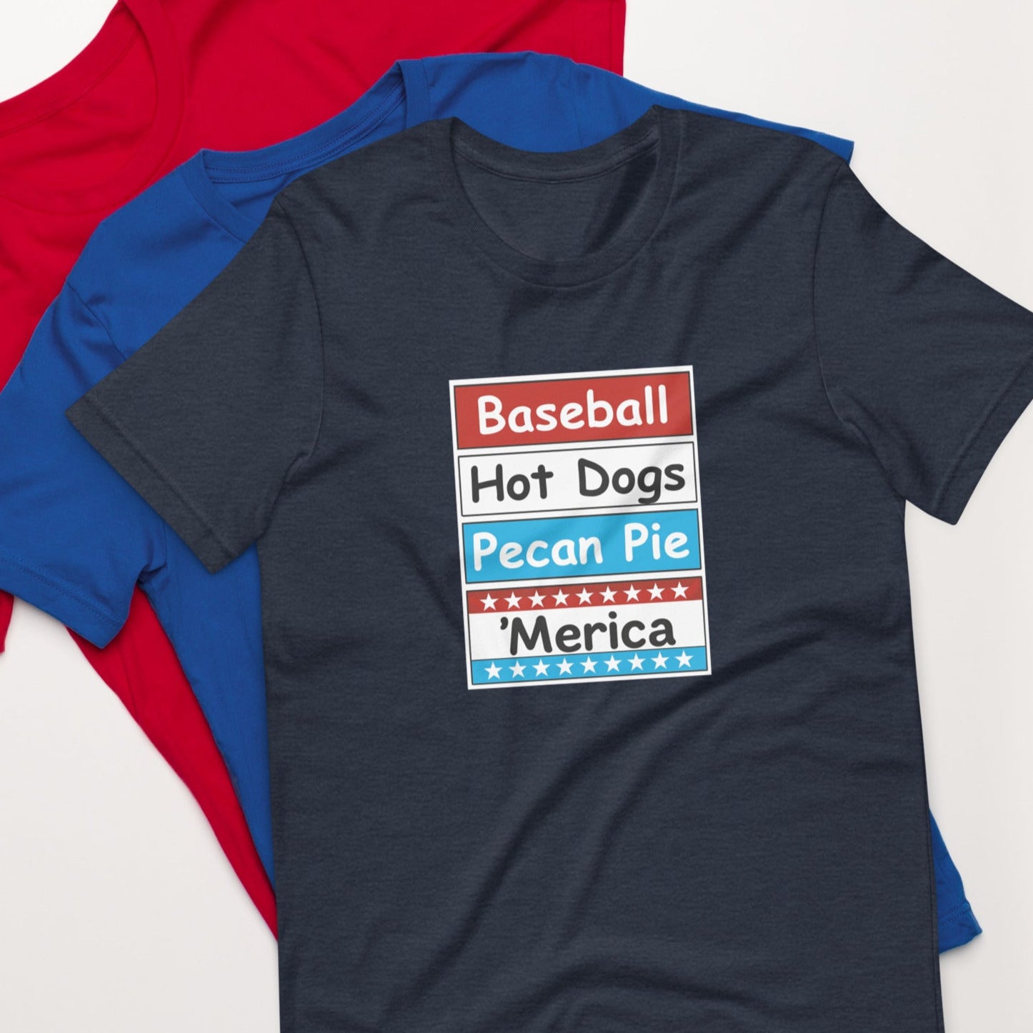 Patriotic t-shirt with bold red, white, and blue stacked Merica design on the front.
