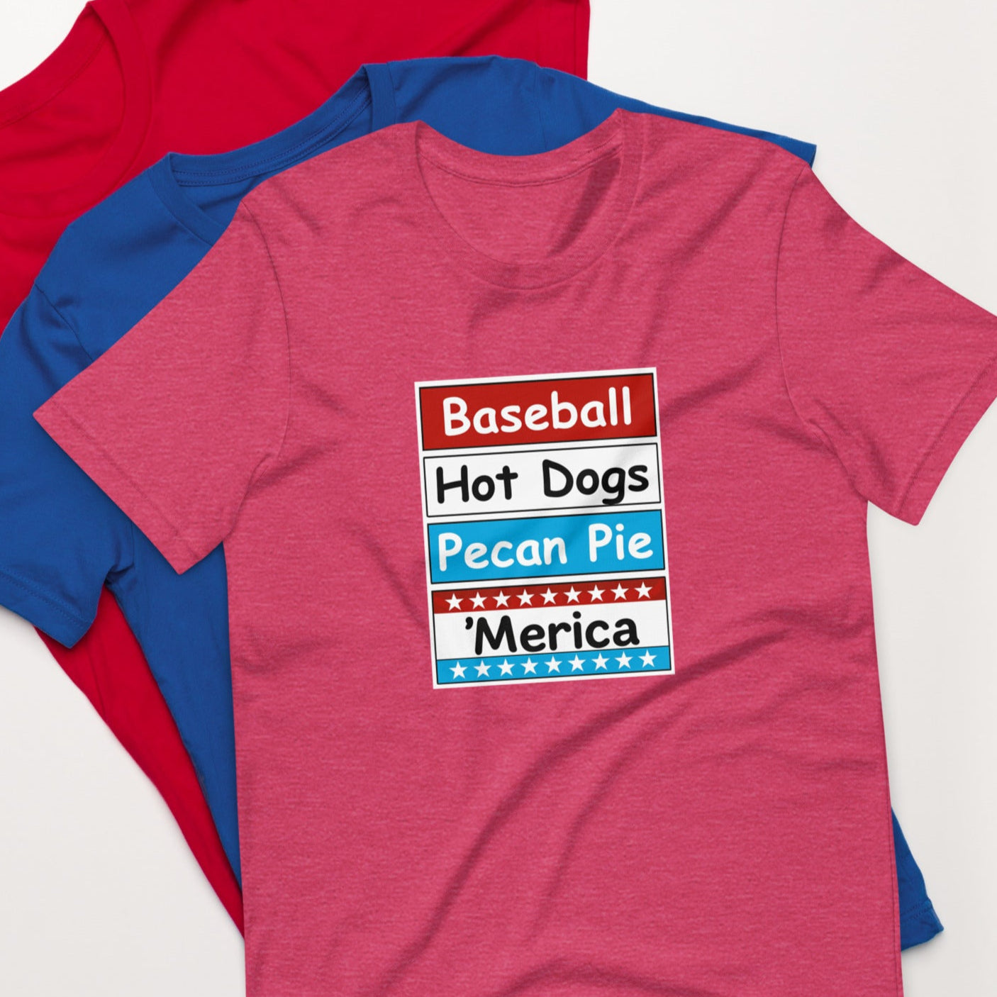 Patriotic t-shirt with bold red, white, and blue stacked Merica design on the front.