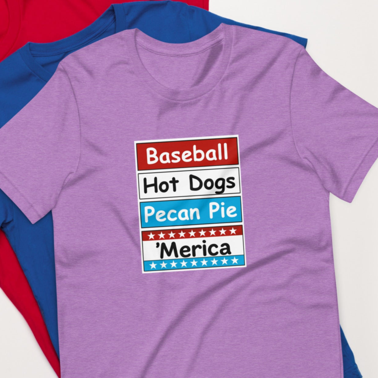 Patriotic t-shirt with bold red, white, and blue stacked Merica design on the front.