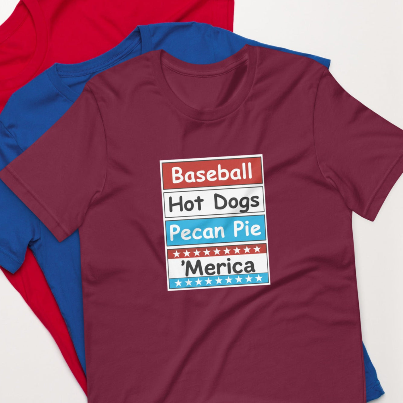 Patriotic t-shirt with bold red, white, and blue stacked Merica design on the front.