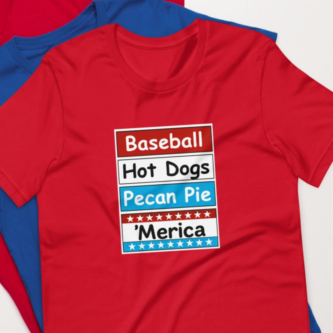 Patriotic t-shirt with bold red, white, and blue stacked Merica design on the front.