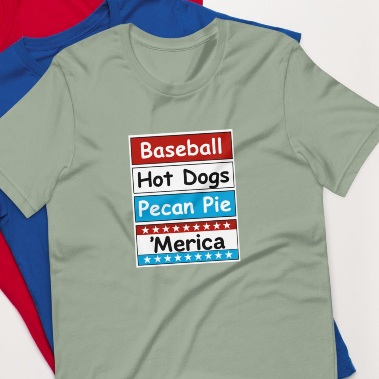 Patriotic t-shirt with bold red, white, and blue stacked Merica design on the front.