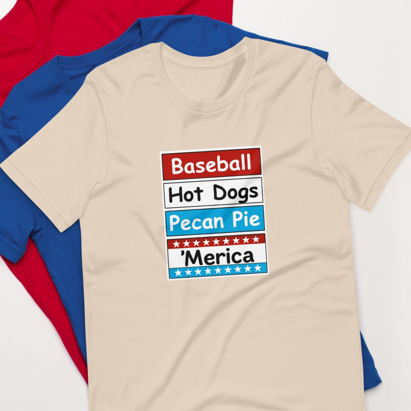 Patriotic t-shirt with bold red, white, and blue stacked Merica design on the front.