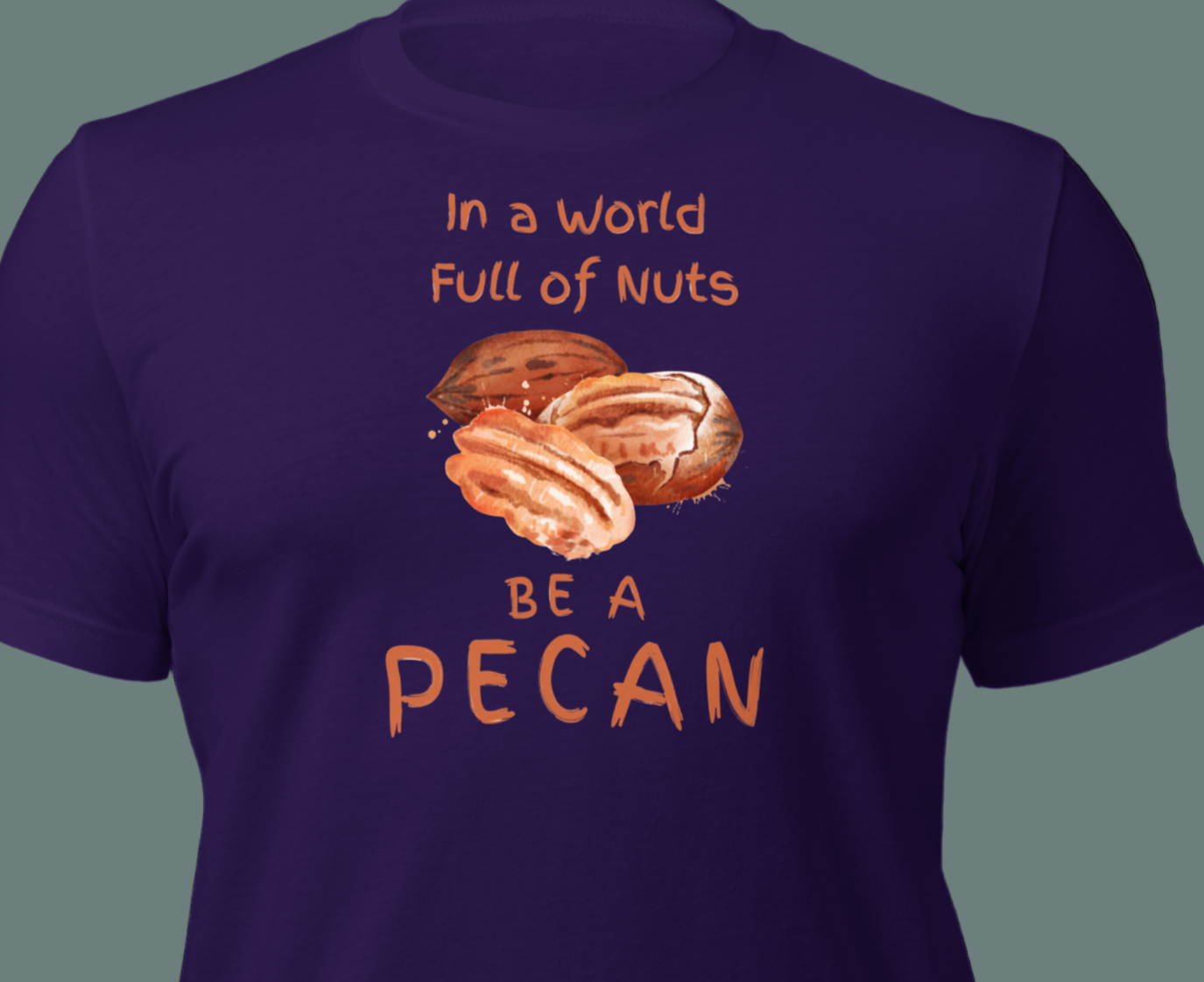 Cartoon-style Pecans on a Bella+Canvas 3001C t-shirt with the slogan “In a world full of nuts, be a pecan.” A playful, humorous design celebrating pecans with a small NuttyMerch logo printed on the back near the neck.