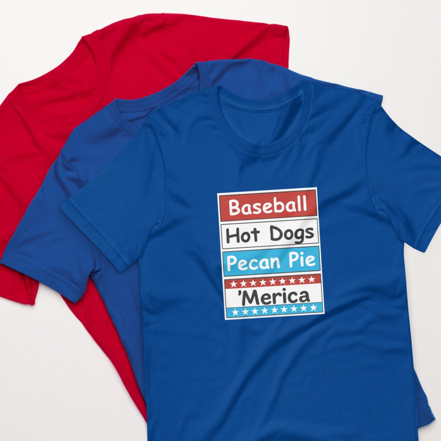 Patriotic t-shirt with bold red, white, and blue stacked Merica design on the front.