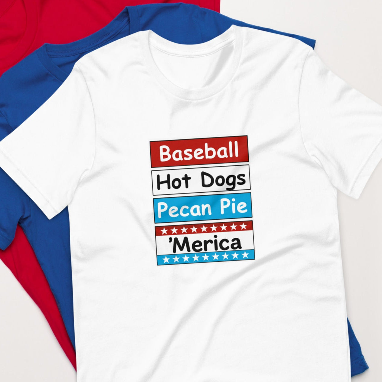 Patriotic t-shirt with bold red, white, and blue stacked Merica design on the front.