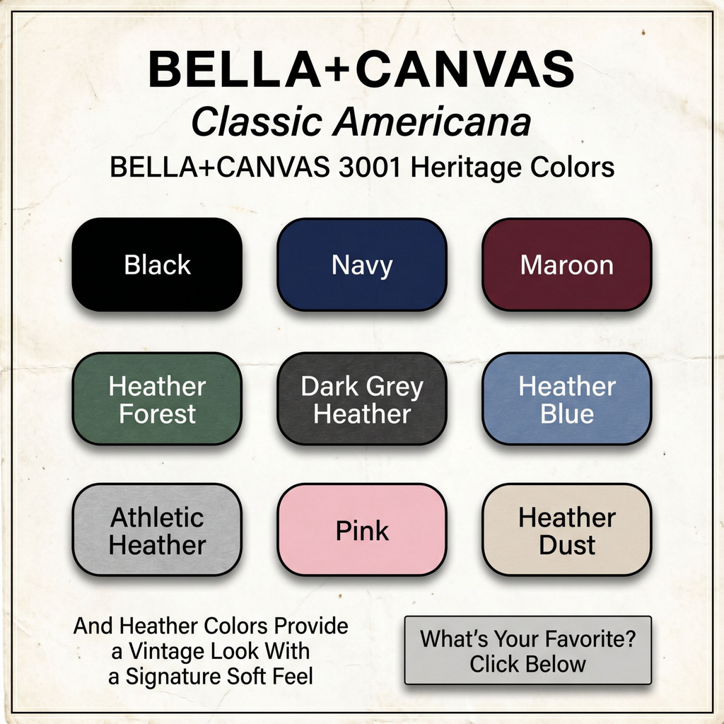 Bella+Canvas Classic Americana color swatches with text on a textured background