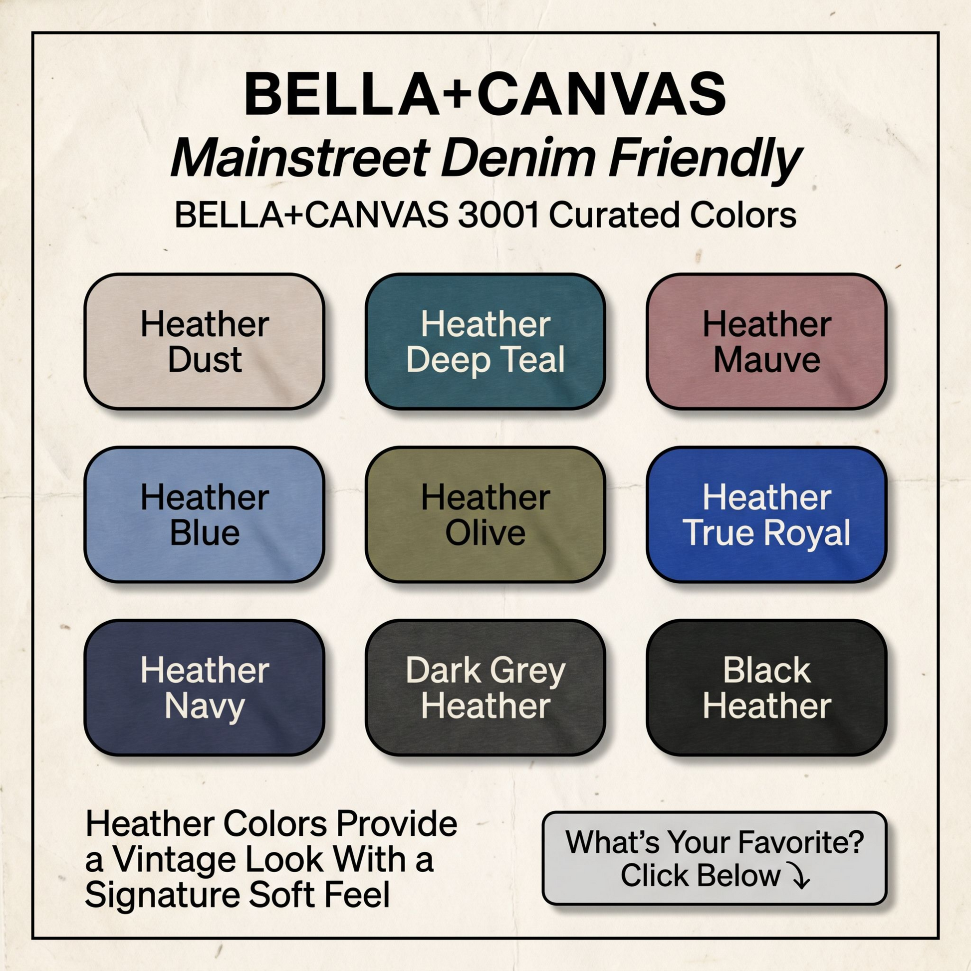 Bella+Canvas denim color swatches with text on a beige background