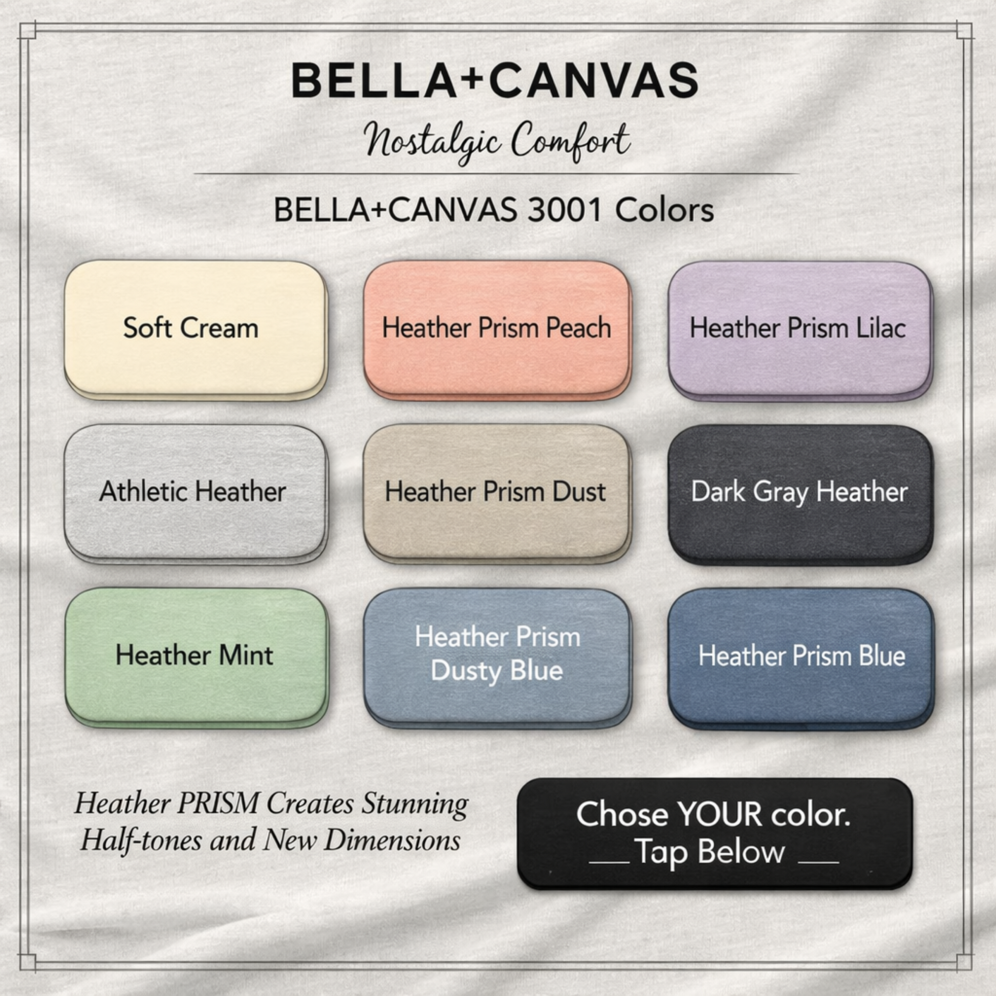 Color swatch chart for Bella+Canvas fabric with various heathered colors.