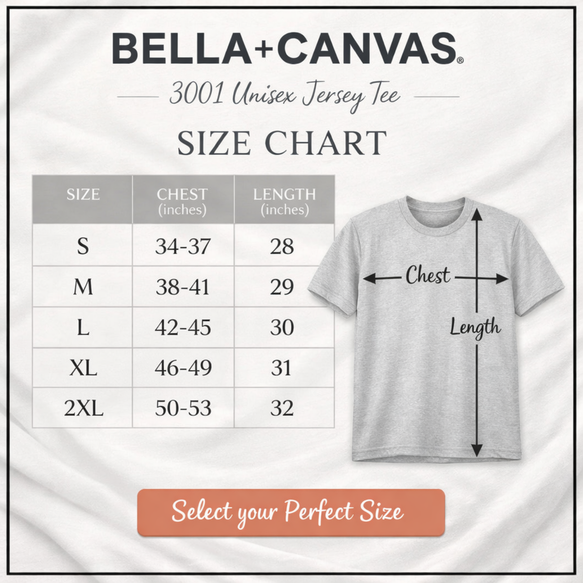 Bella+Canvas size chart for 3001 Unisex Jersey Tee with a gray t-shirt graphic.