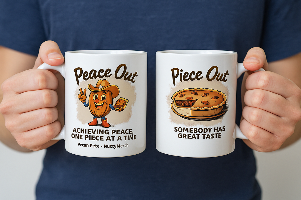 Peace Out Pecan Pie Mug – Funny NuttyMerch Gift Featuring Pecan Pete
