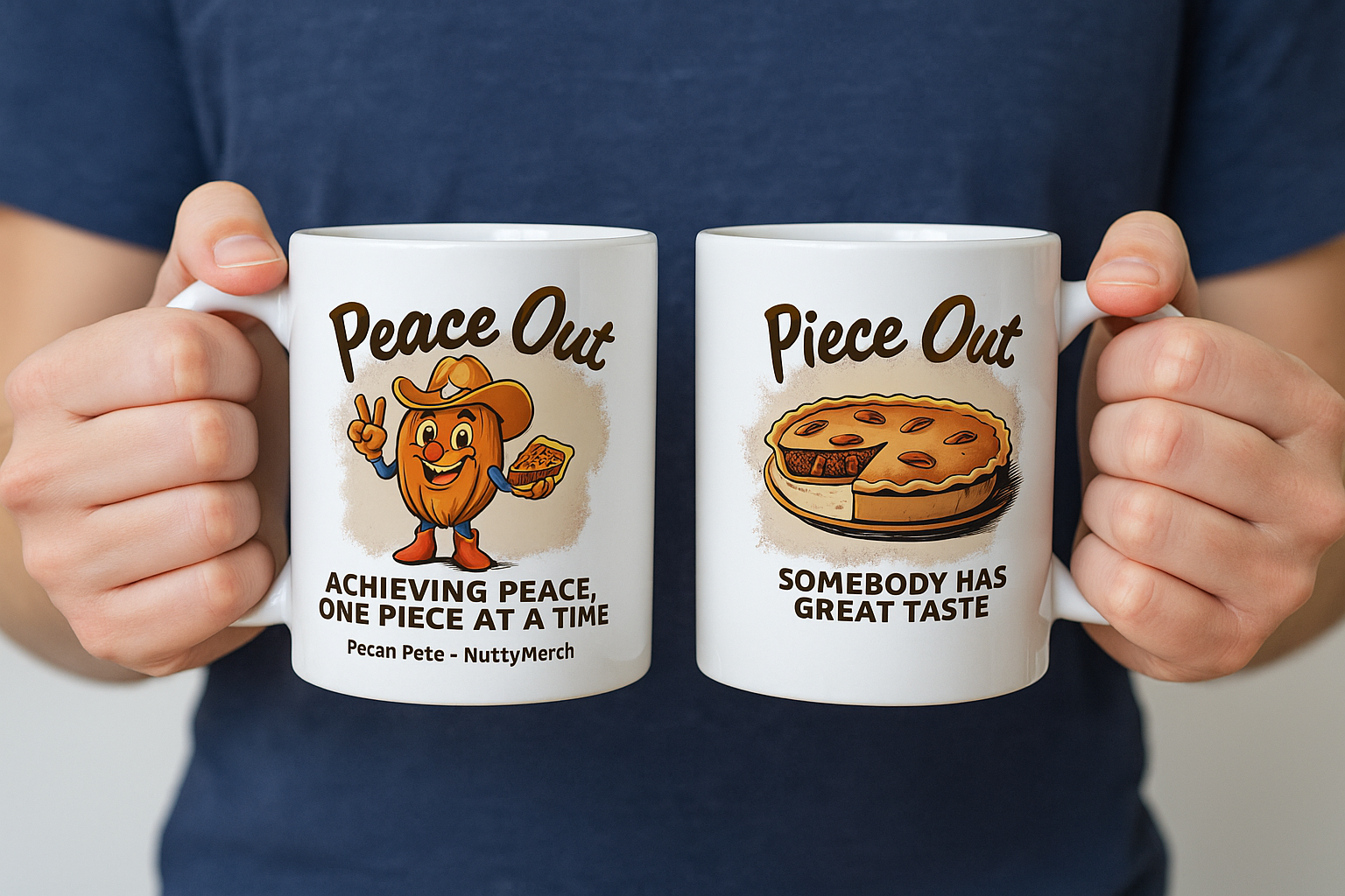 Peace Out Pecan Pie Mug – Funny NuttyMerch Gift Featuring Pecan Pete
