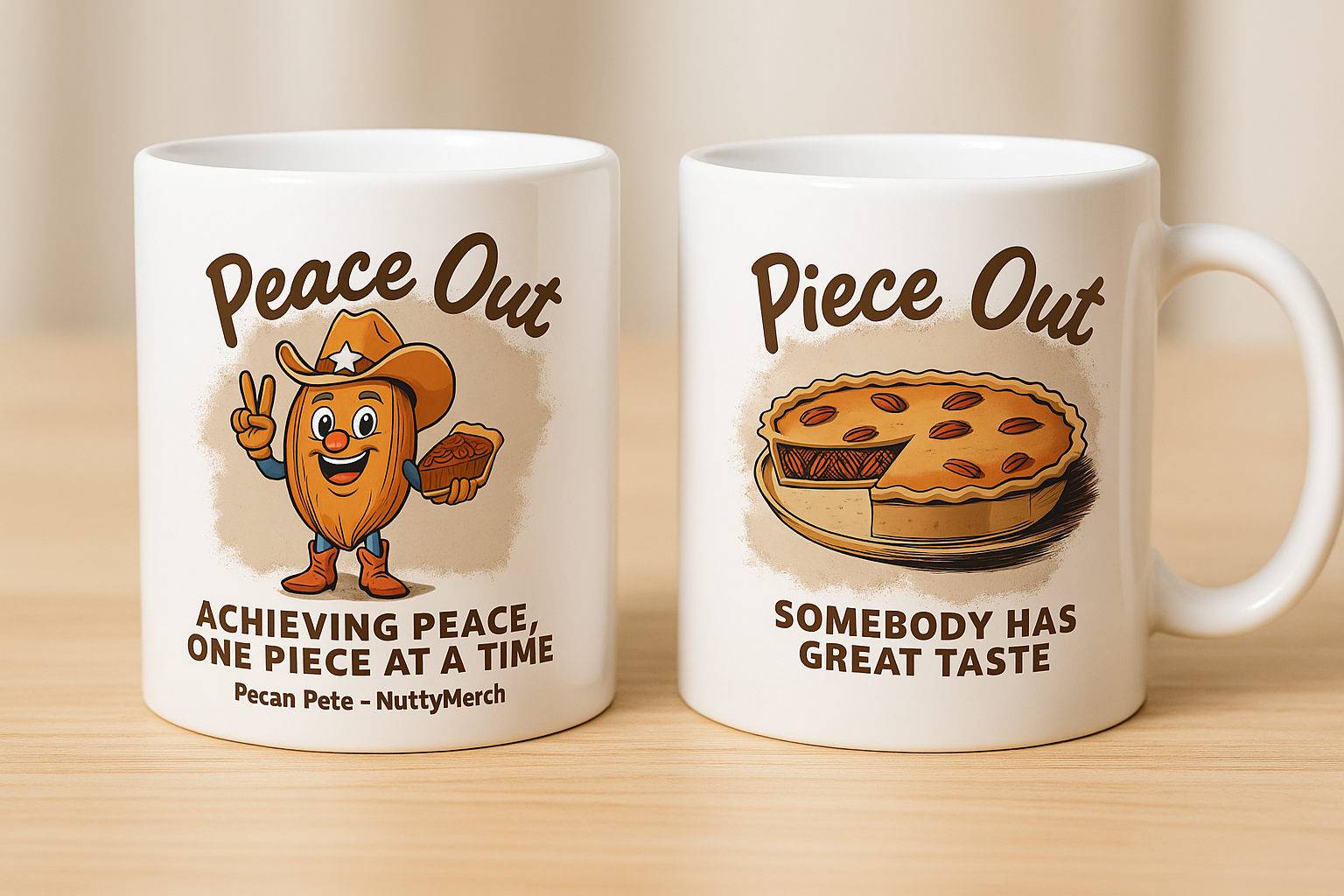 Peace Out Pecan Pie Mug – Funny NuttyMerch Gift Featuring Pecan Pete