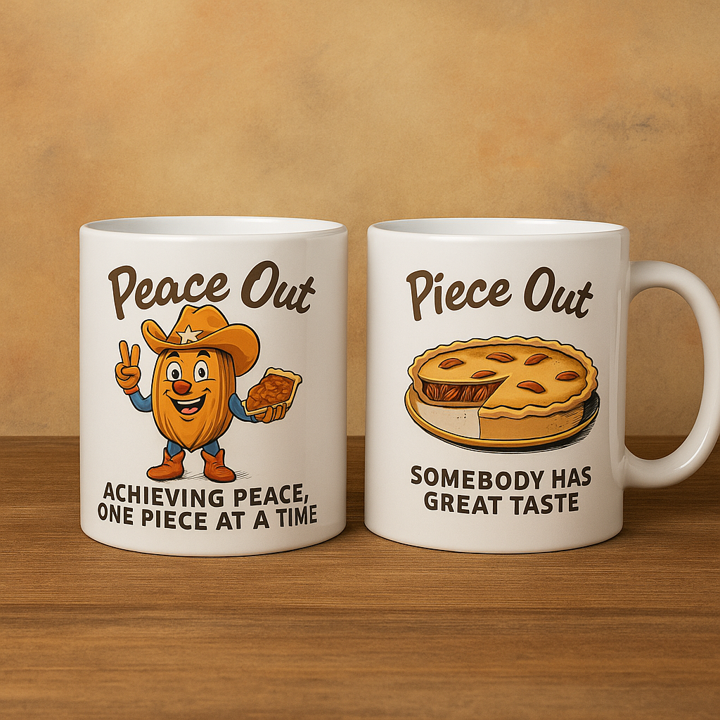 Peace Out Pecan Pie Mug – Funny NuttyMerch Gift Featuring Pecan Pete