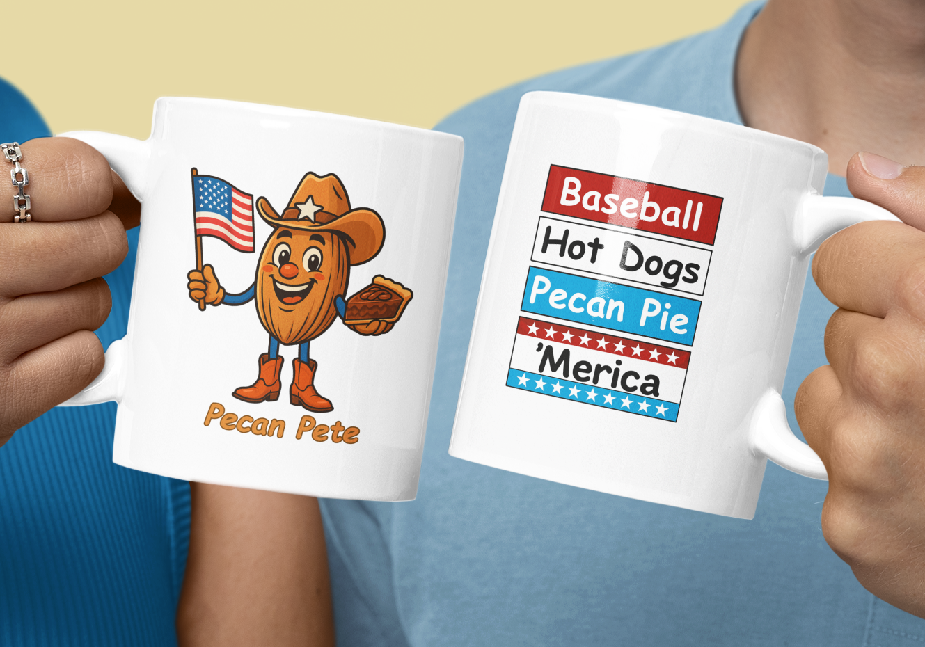 Baseball. Hot Dogs. Pecan Pie. ’Merica. Patriotic Coffee Mug with Pecan Pete