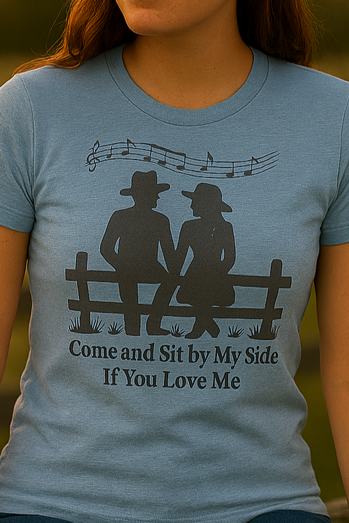 Cowgirl in dusty blue tee sitting on a weathered fence, gazing into the distance as golden sunset light and heart-shaped bokeh fill the background.