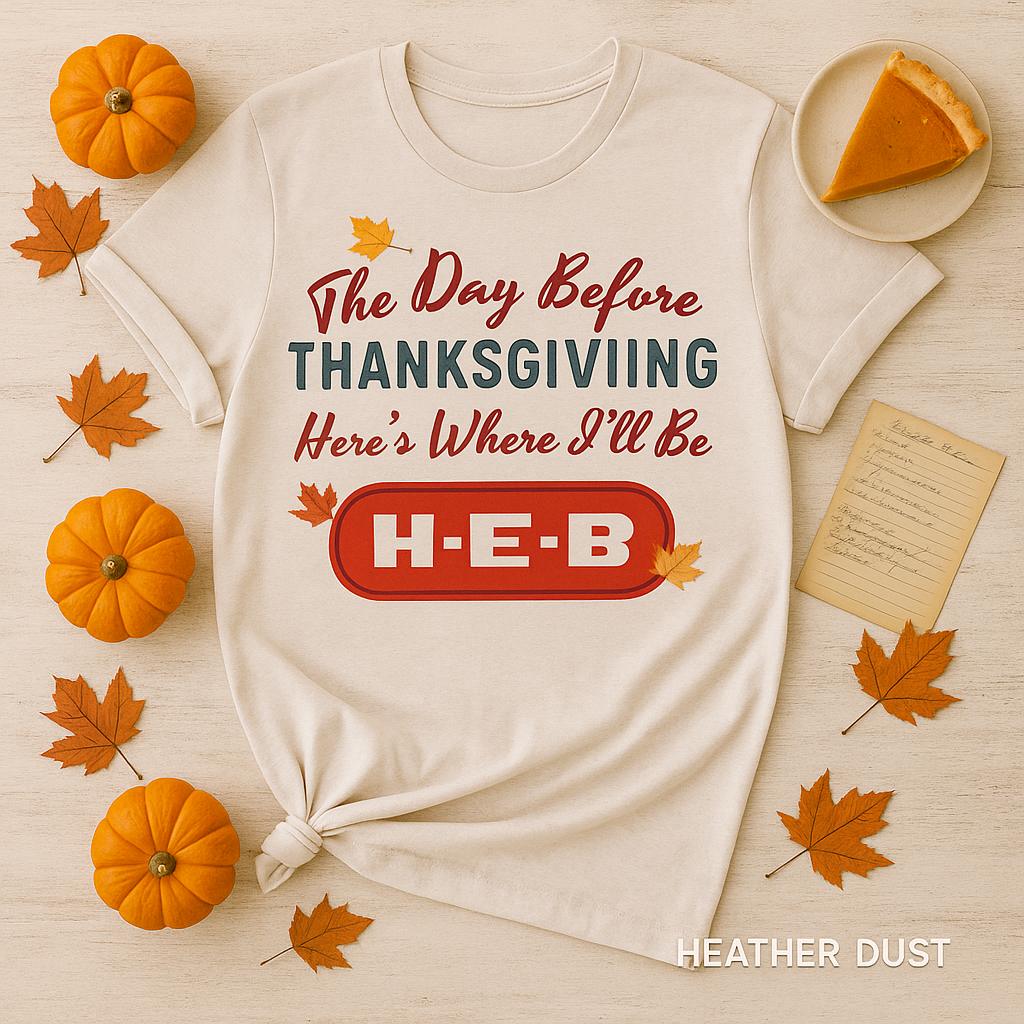 “Bella+Canvas 3001 Heather Dust t-shirt with Thanksgiving grocery run design, styled in a cozy fall flat lay with pumpkins, pie, and vintage recipe card.”