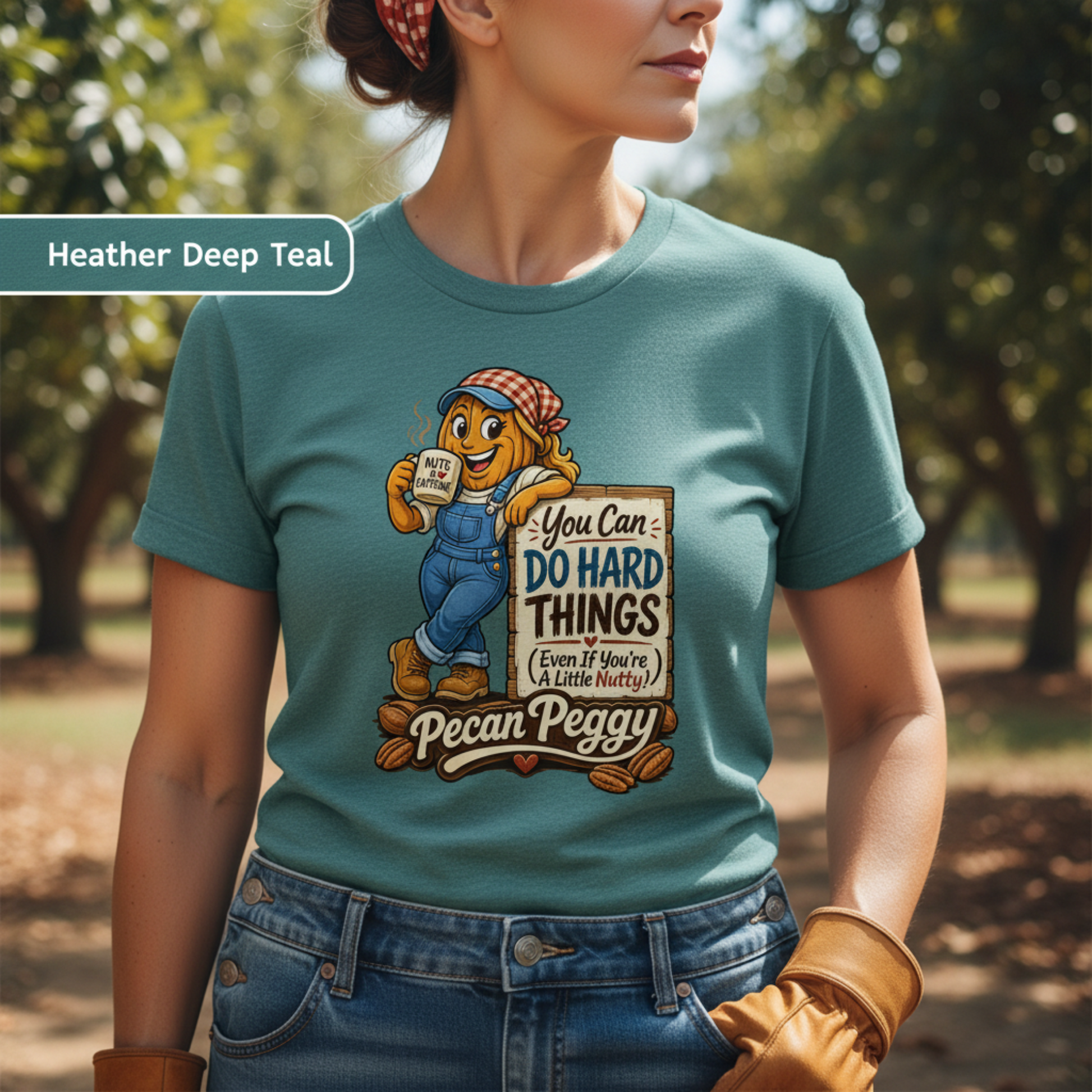 A woman wearing a teal graphic T-shirt outdoors. The shirt features a cartoon peach character holding a sign that reads 'You Can DO HARD THINGS (Even If You're A Little Nutty)' with 'Pecan Peggy' below.