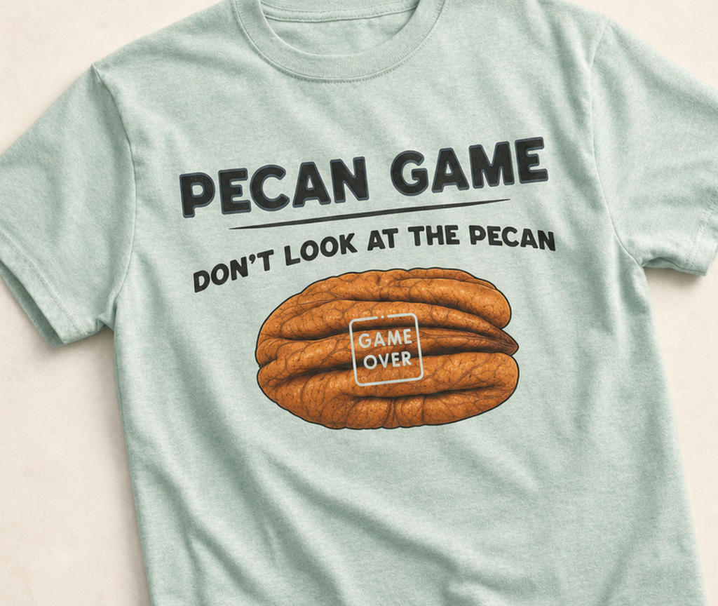 A light mint green heather t-shirt with a humorous graphic print featuring a brown pecan nut and the text 'PECAN GAME DON'T LOOK AT THE PECAN' and 'GAME OVER' on a white sign, laid flat on a light beige textured background.