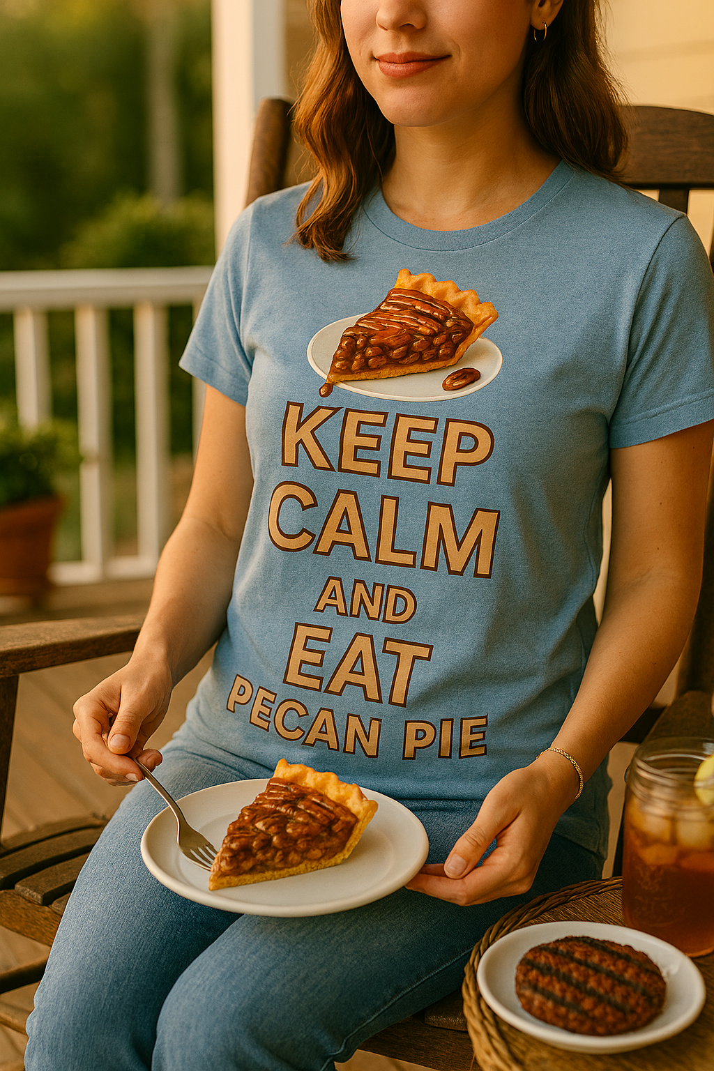 Unisex heathered T-shirt with "KEEP CALM AND EAT PECAN PIE" graphic and illustrated pecan pie slice, styled in various lifestyle scenes including porch, playground, BBQ, and holiday settings.