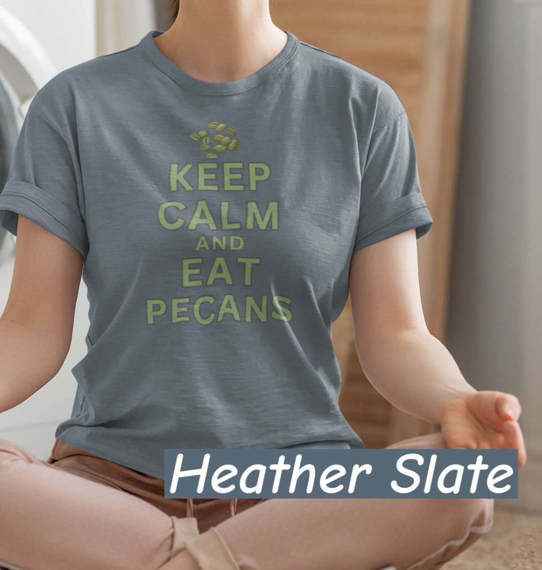 “Bella+Canvas 3001 unisex t-shirt with NuttyMerch design. Pecan Pete graphic and the phrase ‘Keep Calm and Eat Pecans.’ Funny foodie Americana shirt.”
